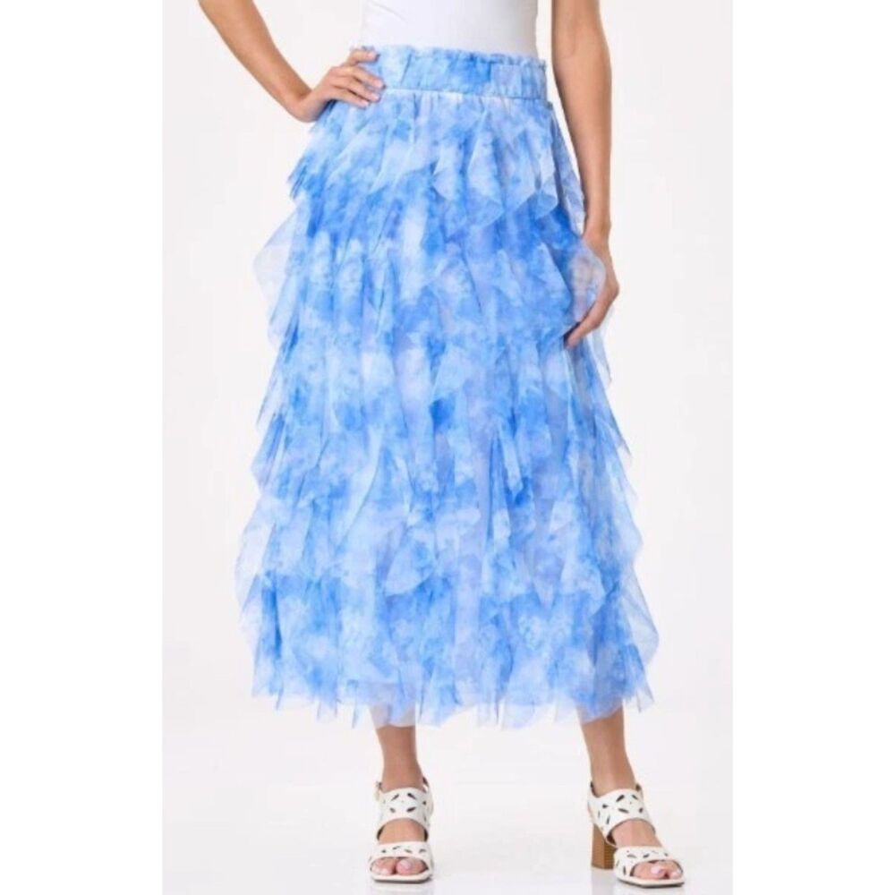 CATO Blue Tie Dye Sz Medium Elastic Waist Lined Ruffled Frilly Flowy Midi Skirt